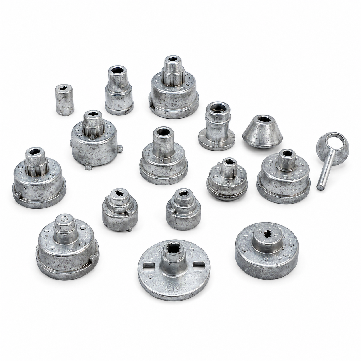 Zinc die cast tractor ignition switch and electrical lock components manufactured by SNAA Products for agricultural and automotive applications.