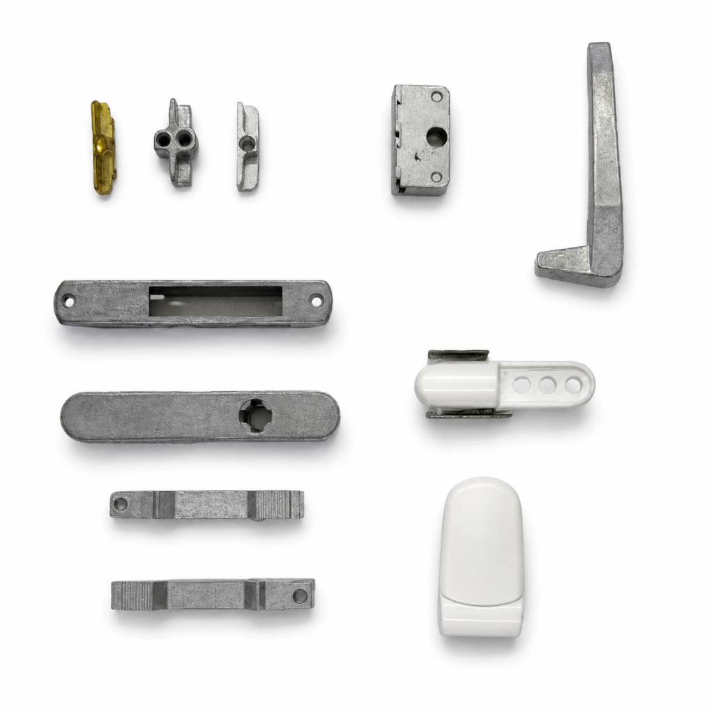 Precision zinc die cast UPVC door hardware components manufactured by SNAA Products for door locking systems, latch mechanisms, and architectural hardware applications.