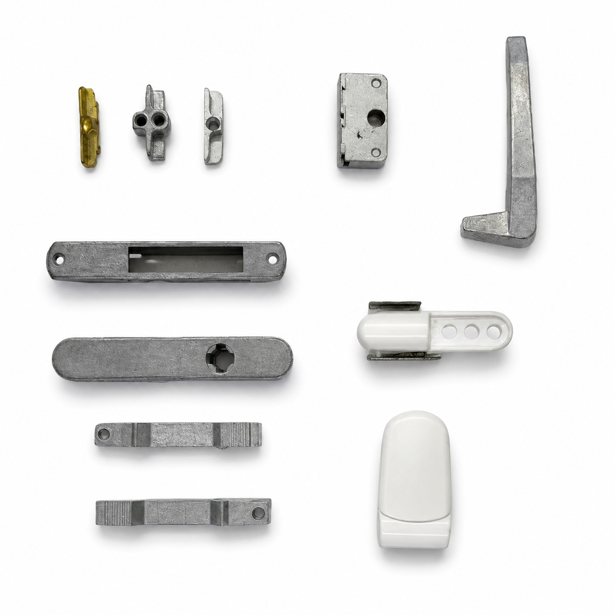 Precision zinc die cast UPVC door hardware components manufactured by SNAA Products for door locking systems, latch mechanisms, and architectural hardware applications.