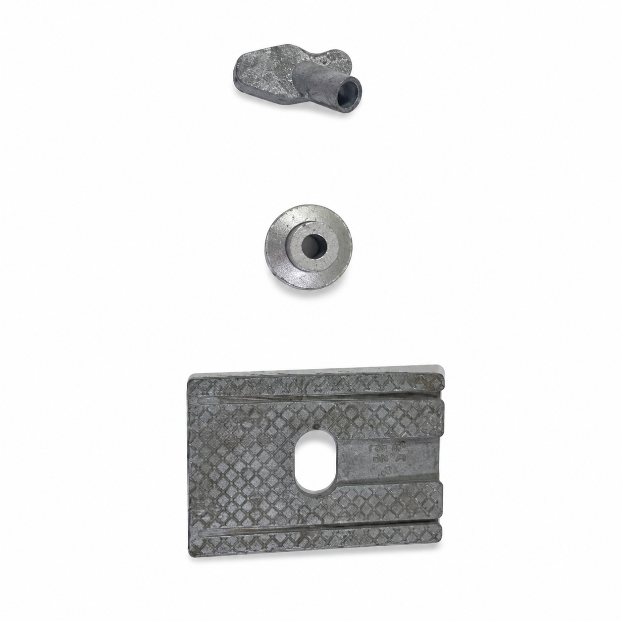 Precision zinc die cast sewing machine linkage components, pulley spacers, bushings, and mounting plates manufactured by SNAA Products for industrial sewing machines and textile machinery applications.