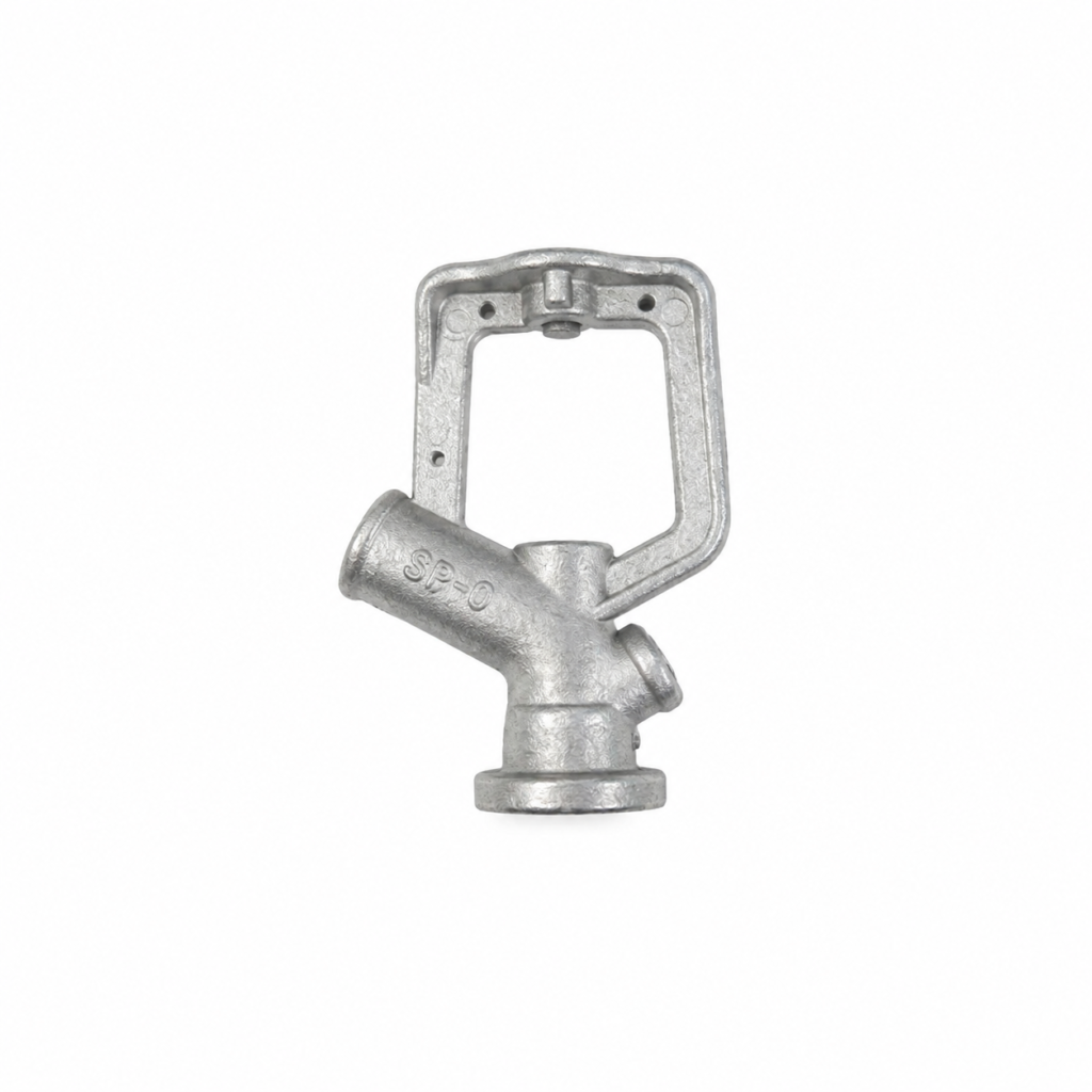 Precision zinc die cast agricultural sprinkler body manufactured by SNAA Products for irrigation systems, sprinkler head assemblies, and water distribution equipment.